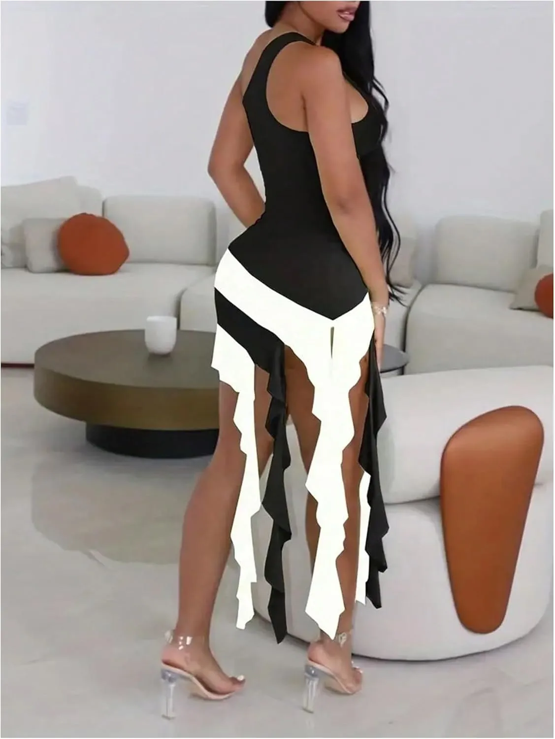 WDIRARA Women's One Shoulder Sleeveless Bodycon Mini Dresses Color Block Ruffle Fringe Cocktail Party Dress
