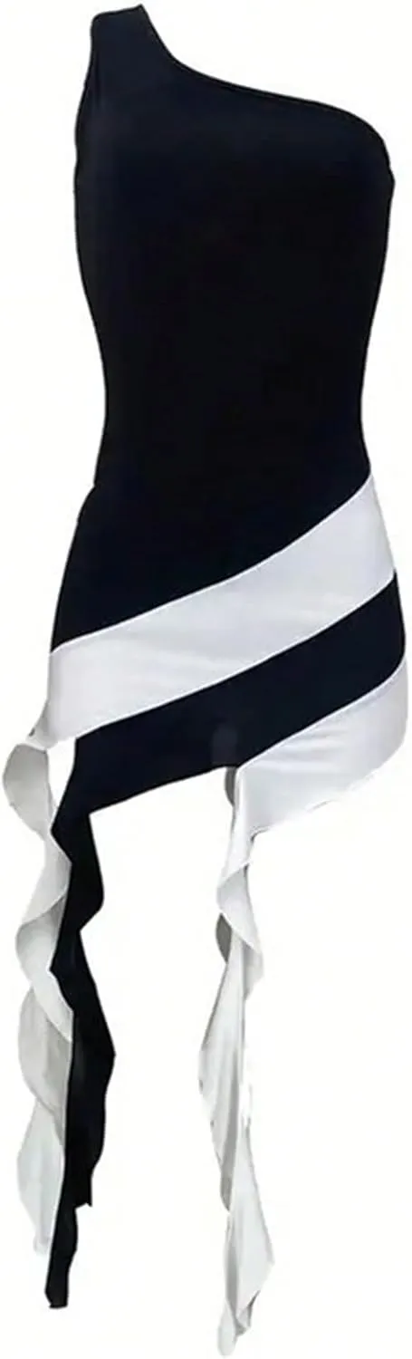 WDIRARA Women's One Shoulder Sleeveless Bodycon Mini Dresses Color Block Ruffle Fringe Cocktail Party Dress