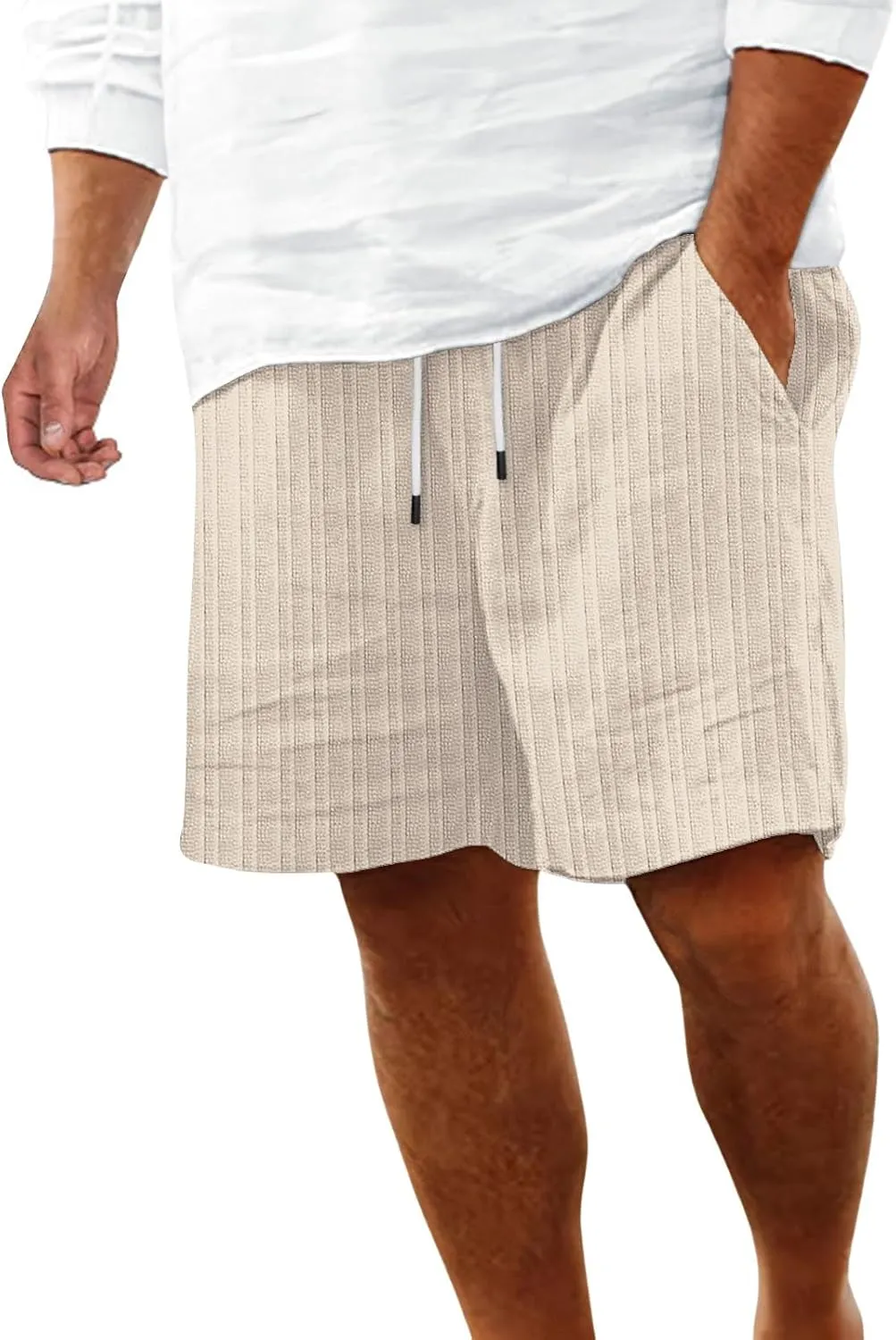 WENKOMG1 Cotton Linen Shorts for Men, Textured Lightweight Summer Shorts Elastic Waist Drawstring Solid Beach Shorts
