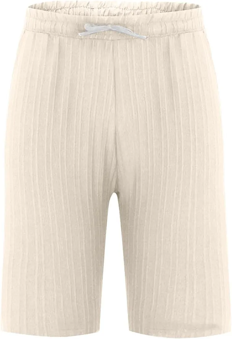 WENKOMG1 Cotton Linen Shorts for Men, Textured Lightweight Summer Shorts Elastic Waist Drawstring Solid Beach Shorts