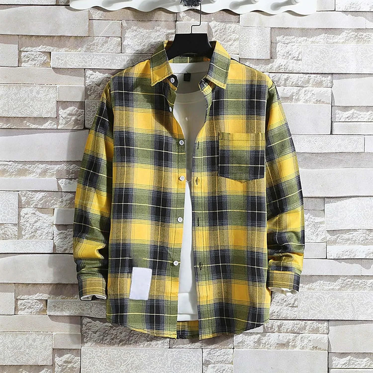 Winter Coat Men Plaid Lapel Button Long Sleeve Shirt Tops Men's Cardigan Coat with Zipper Shirt Plaid Cotton