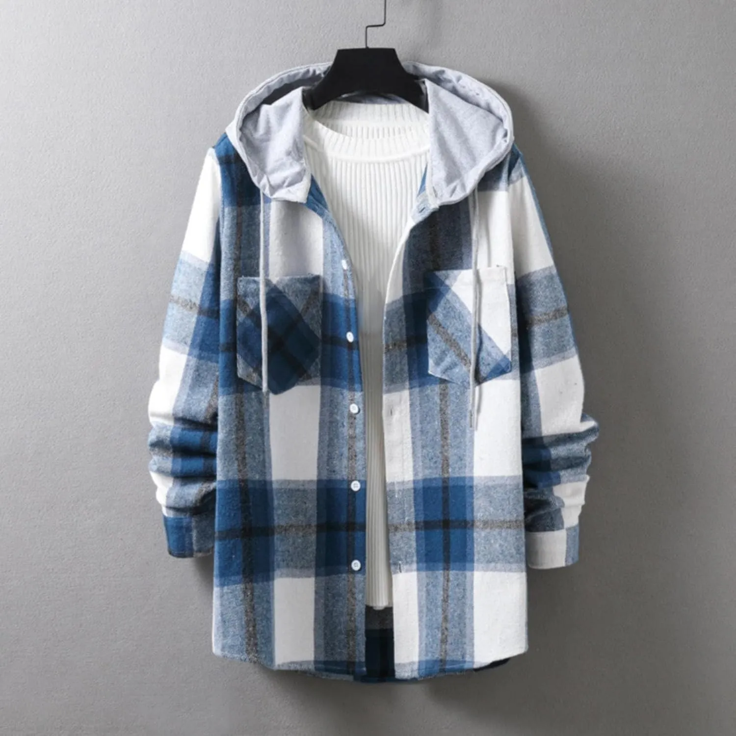 Winter Coat Men Plaid Lapel Button Long Sleeve Shirt Tops Men's Cardigan Coat with Zipper Shirt Plaid Cotton