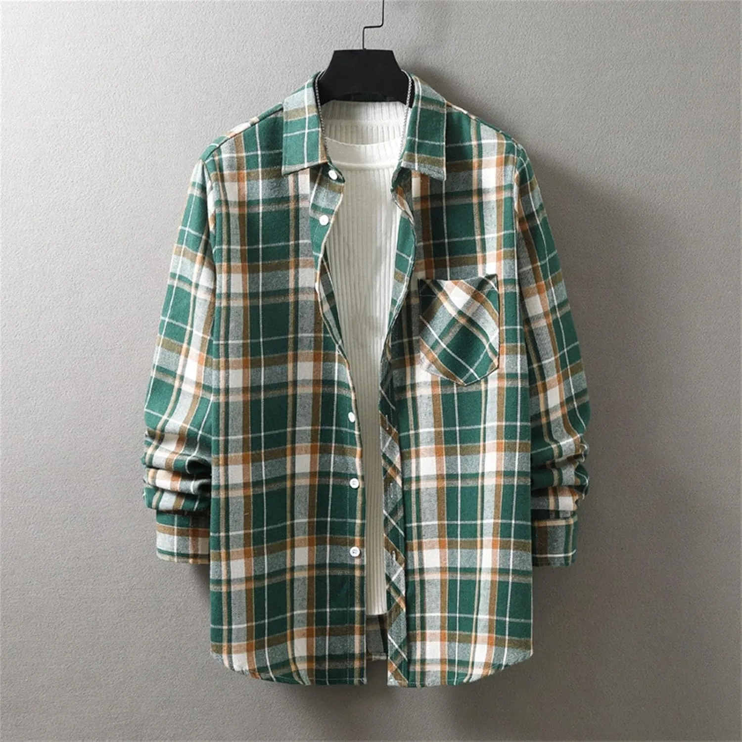Winter Coat Men Plaid Lapel Button Long Sleeve Shirt Tops Men's Cardigan Coat with Zipper Shirt Plaid Cotton
