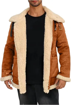Winter Coats for Men Fleece Lined Suede Jacket Full Zip Lapel Collar Trucker Jackets with Pockets