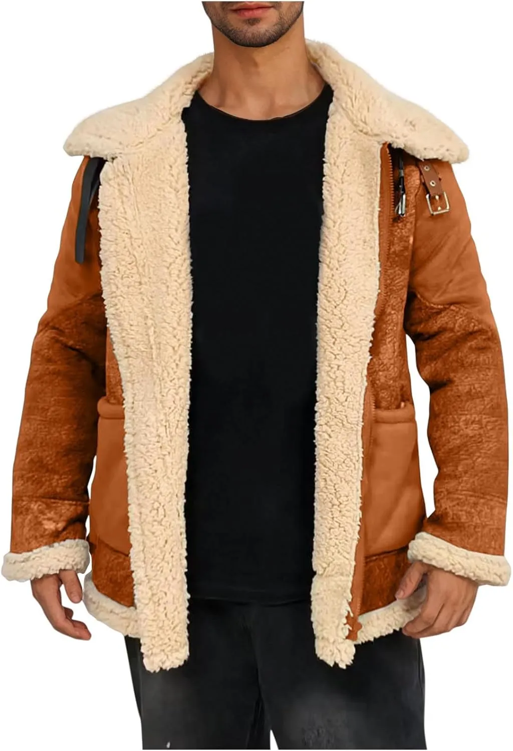 Winter Coats for Men Fleece Lined Suede Jacket Full Zip Lapel Collar Trucker Jackets with Pockets