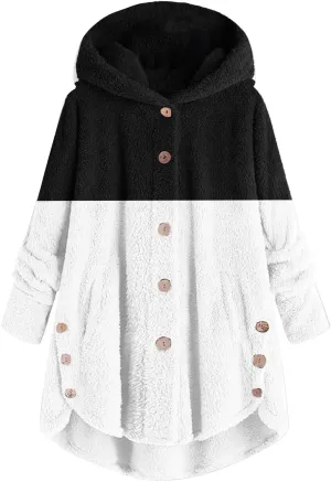 Winter Coats for Women Button Hem Plus Size Hoodie Top Sweater Blouse Color Block Patchwork Cardigan Coats Womens
