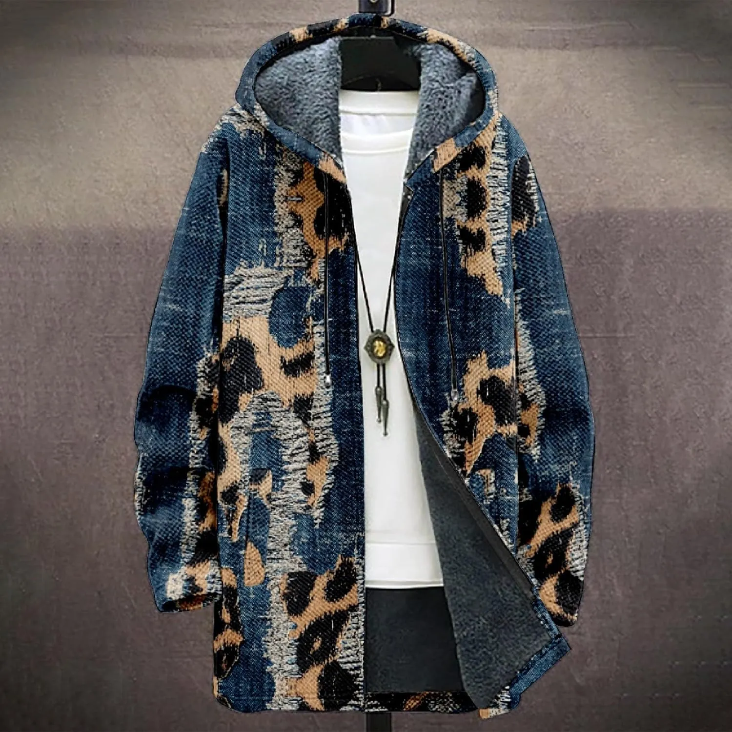 Winter Jackets for Men Thickened Hoodies Long Sleeve Prints Fashion Zip Up Vintage Long Cotton Coats