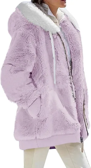 Winter Jackets for Women Full Zip Up Fuzzy Fleece Jacket Hooded Color Block Patchwork Cardigan Coats with Pockets