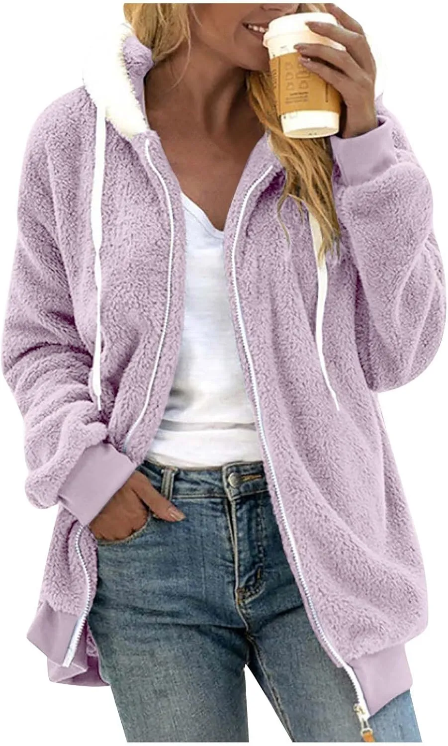 Winter Jackets for Women Full Zip Up Fuzzy Fleece Jacket Hooded Color Block Patchwork Cardigan Coats with Pockets