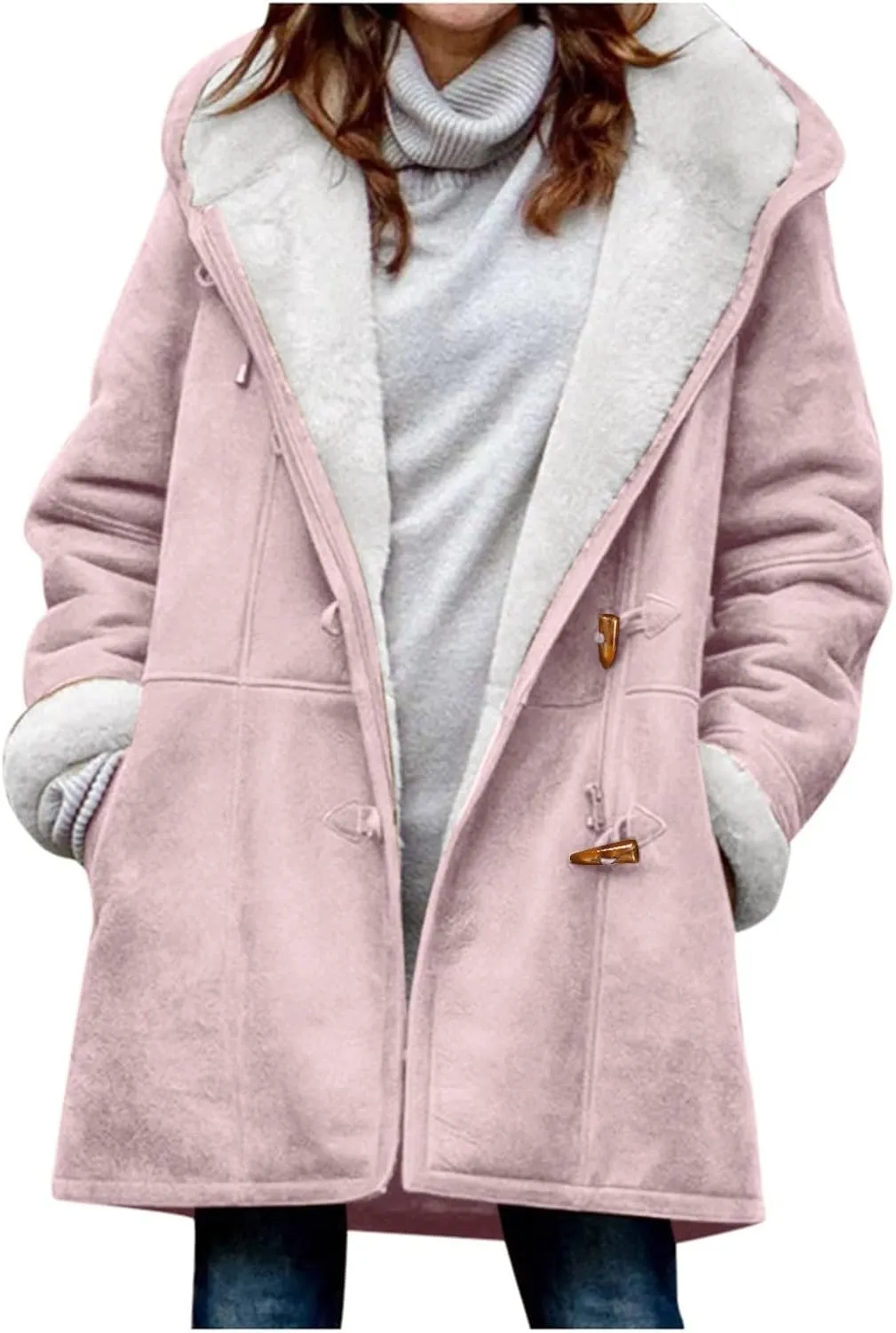 Winter Jackets for Women Warm Sherpa Fleece Lined Distressed Jackets Hooded Parka Faux Suede Pea Coat Outerwear