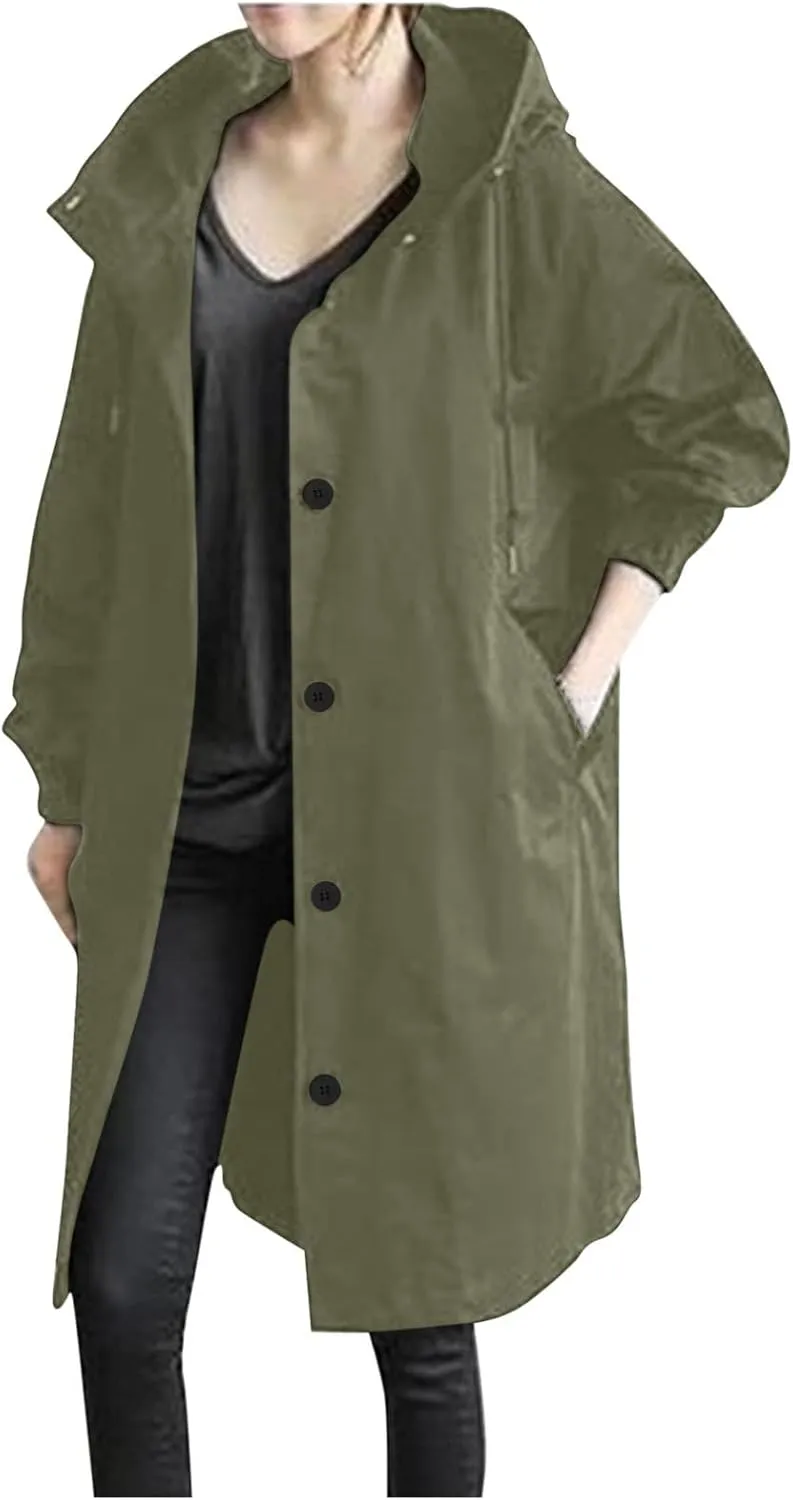 Wkishenl Fall Coats for Women 2024 Plus Size Lightweight Long Trench Jacket Casual Notched Collar Single Breasted Outerwear