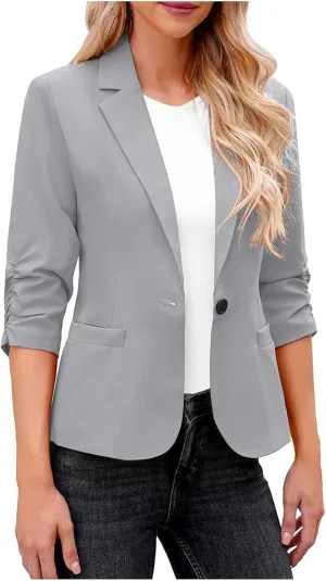 Women 3/4 Sleeve Blazer Casual Open Front Notched Collar Button Jackets Dressy Work Office Suit Jackets Outerwear