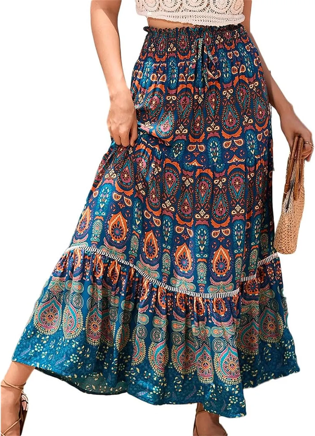 Women Boho Floral Print Skirts Vintage Elastic High Waist A-Line Long Skirts Summer Tiered Flowy Maxi Skirt