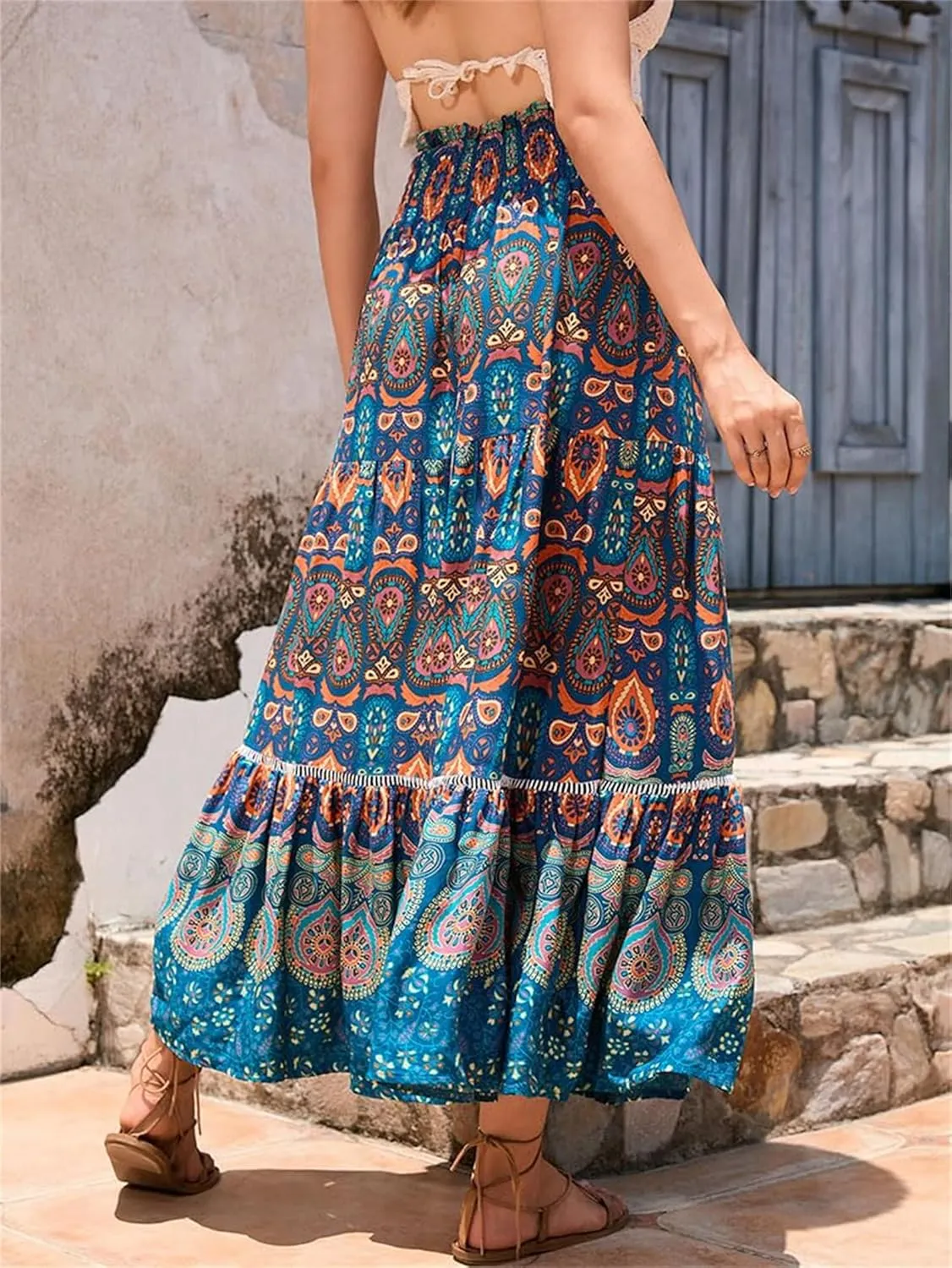 Women Boho Floral Print Skirts Vintage Elastic High Waist A-Line Long Skirts Summer Tiered Flowy Maxi Skirt