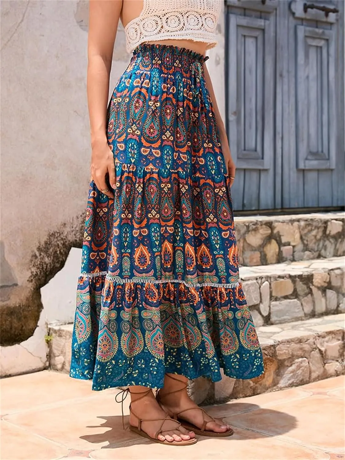 Women Boho Floral Print Skirts Vintage Elastic High Waist A-Line Long Skirts Summer Tiered Flowy Maxi Skirt