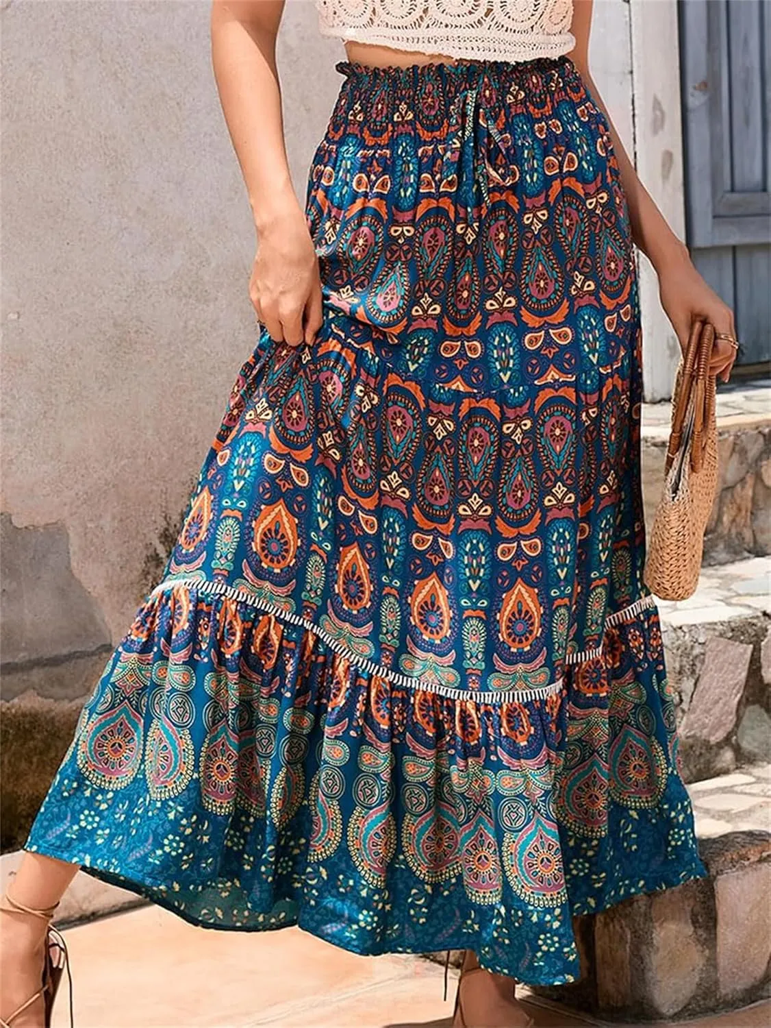Women Boho Floral Print Skirts Vintage Elastic High Waist A-Line Long Skirts Summer Tiered Flowy Maxi Skirt