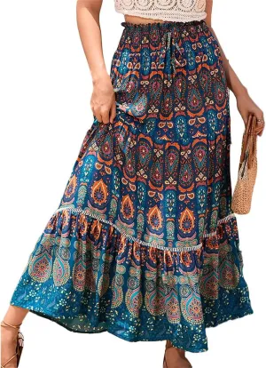 Women Boho Floral Print Skirts Vintage Elastic High Waist A-Line Long Skirts Summer Tiered Flowy Maxi Skirt