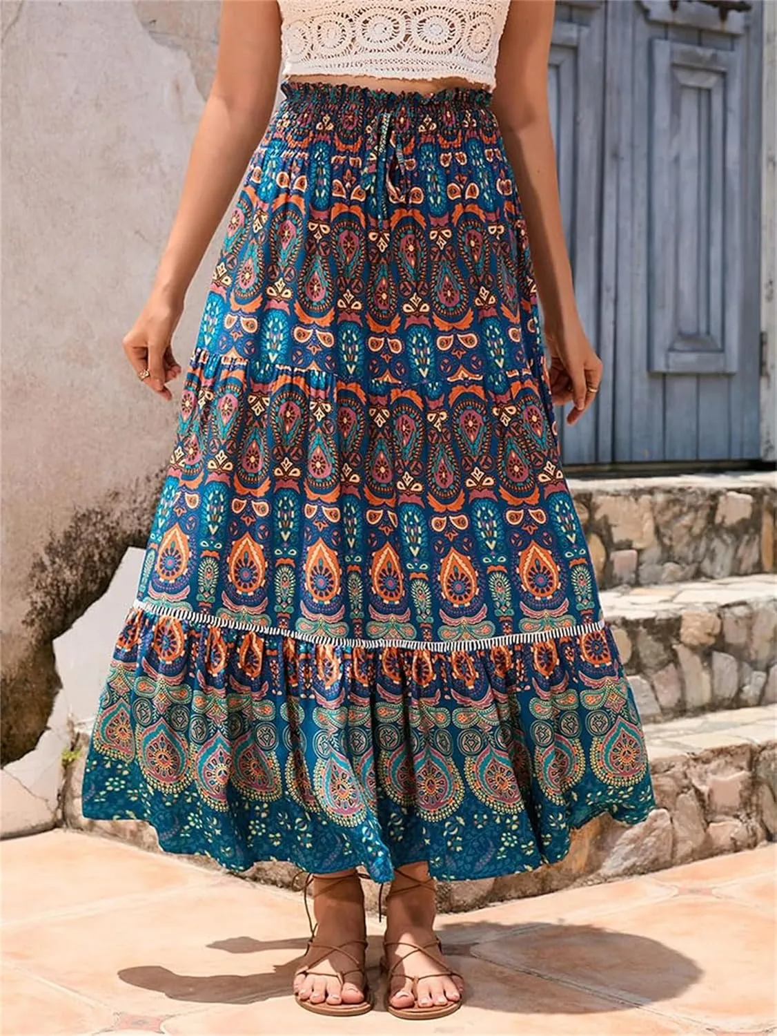 Women Boho Floral Print Skirts Vintage Elastic High Waist A-Line Long Skirts Summer Tiered Flowy Maxi Skirt