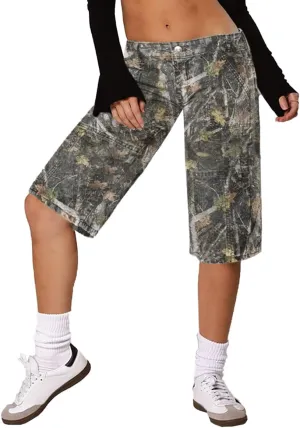Women Camo Shorts Y2K Maple-Leaf Baggy Jorts Casual Long Jean Shorts Bermuda Shorts with Pocket Hiking Shorts