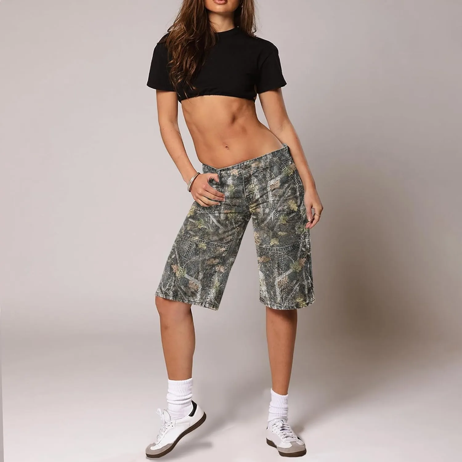 Women Camo Shorts Y2K Maple-Leaf Baggy Jorts Casual Long Jean Shorts Bermuda Shorts with Pocket Hiking Shorts