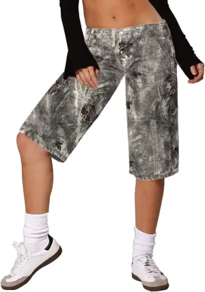 Women Camo Shorts Y2K Maple-Leaf Baggy Jorts Casual Long Jean Shorts Bermuda Shorts with Pocket Hiking Shorts