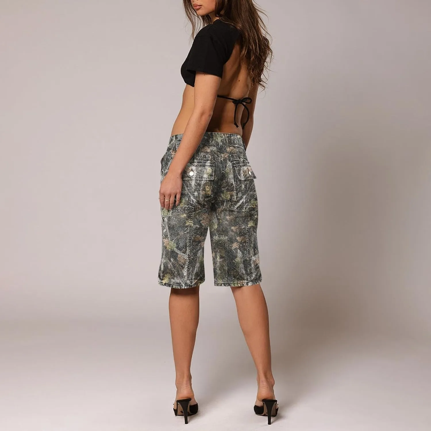 Women Camo Shorts Y2K Maple-Leaf Baggy Jorts Casual Long Jean Shorts Bermuda Shorts with Pocket Hiking Shorts