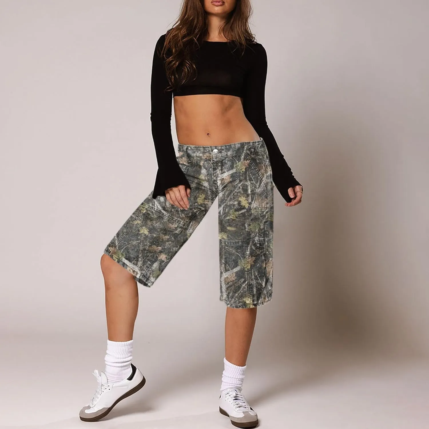 Women Camo Shorts Y2K Maple-Leaf Baggy Jorts Casual Long Jean Shorts Bermuda Shorts with Pocket Hiking Shorts