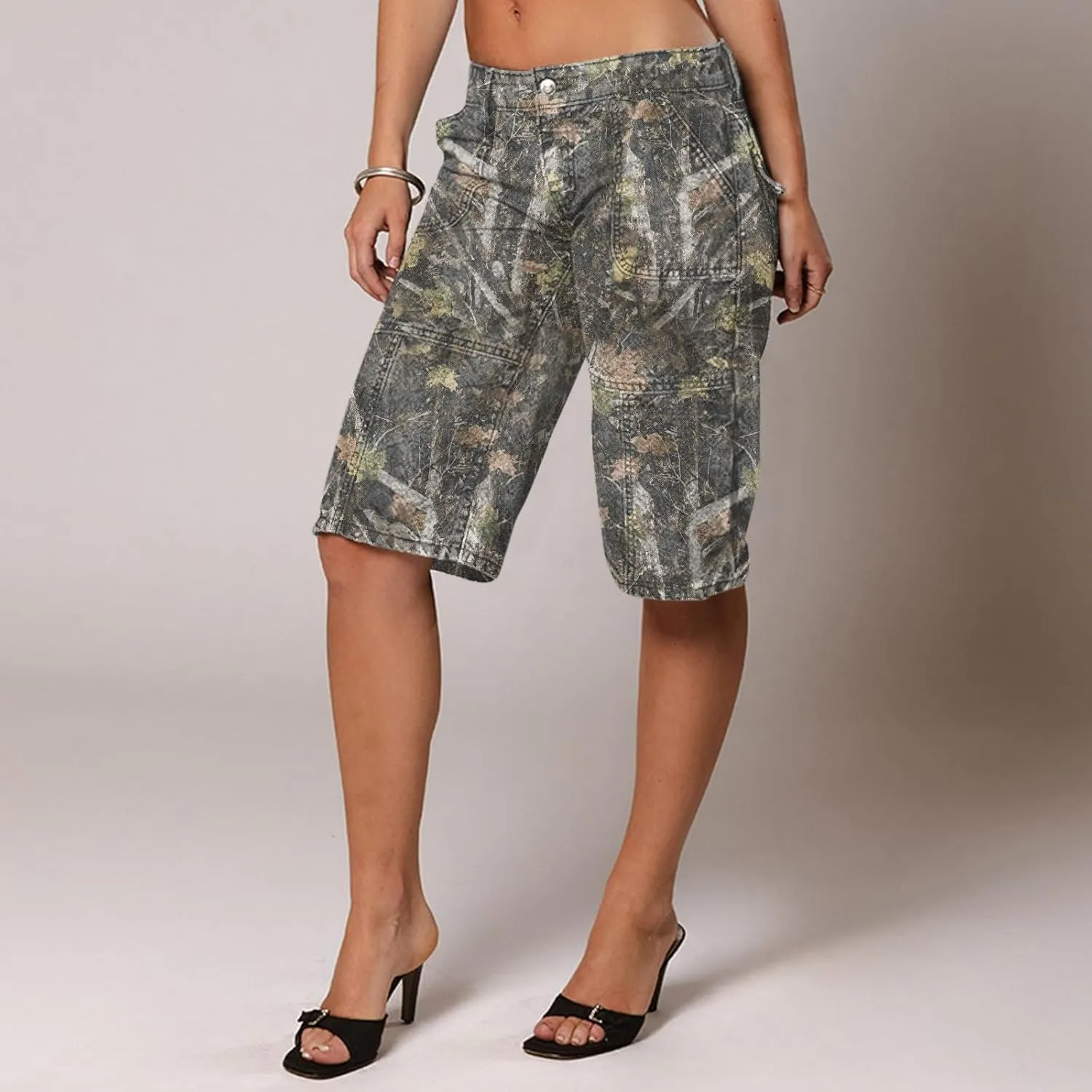 Women Camo Shorts Y2K Maple-Leaf Baggy Jorts Casual Long Jean Shorts Bermuda Shorts with Pocket Hiking Shorts