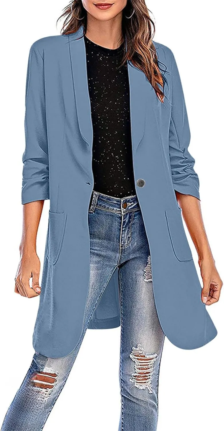 Women Casual Pockets Blazer Long Sleeve Single Button Ladies Elegant Boyfriend Suit Jacket for Office Work Business