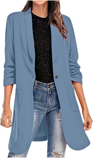 Women Casual Pockets Blazer Long Sleeve Single Button Ladies Elegant Boyfriend Suit Jacket for Office Work Business