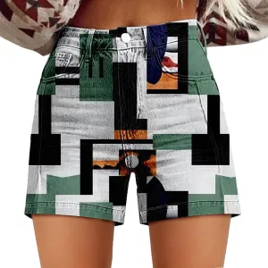 Women Denim Shorts Vintage Boho Floral Print Denim Jeans Casual High Waist Slim Bermuda Short Retro Y2K Streetwear