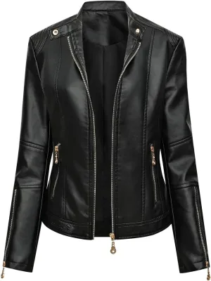 Women Faux Leather Casual Jacket Slim Zipper PU Pleather Jackets Plus Size Long Sleeve Cropped Motorcycle Bike Coat