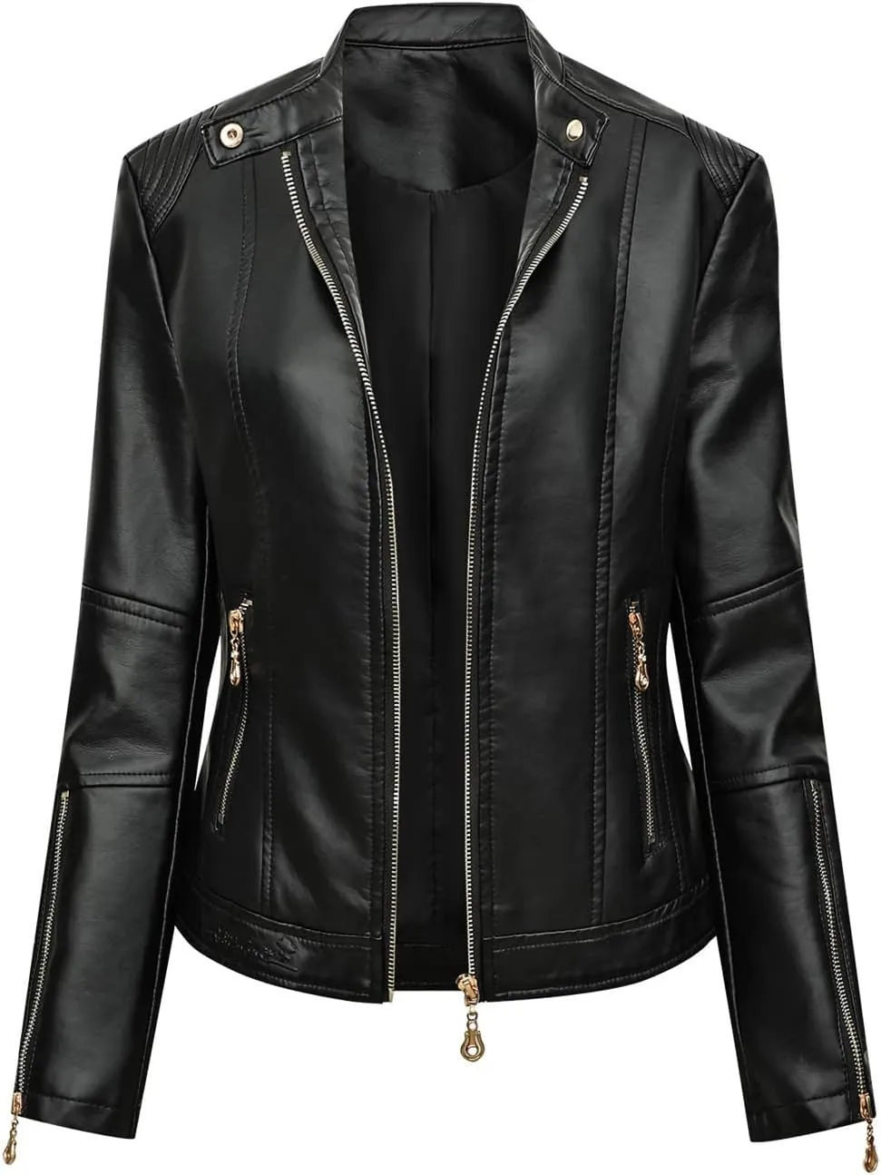 Women Faux Leather Casual Jacket Slim Zipper PU Pleather Jackets Plus Size Long Sleeve Cropped Motorcycle Bike Coat