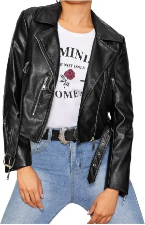 Women Faux Leather Jacket Ladies Classic PU Moto Biker Short Slim Fit Coat Turndown Collar Zip Up Coats Jackets