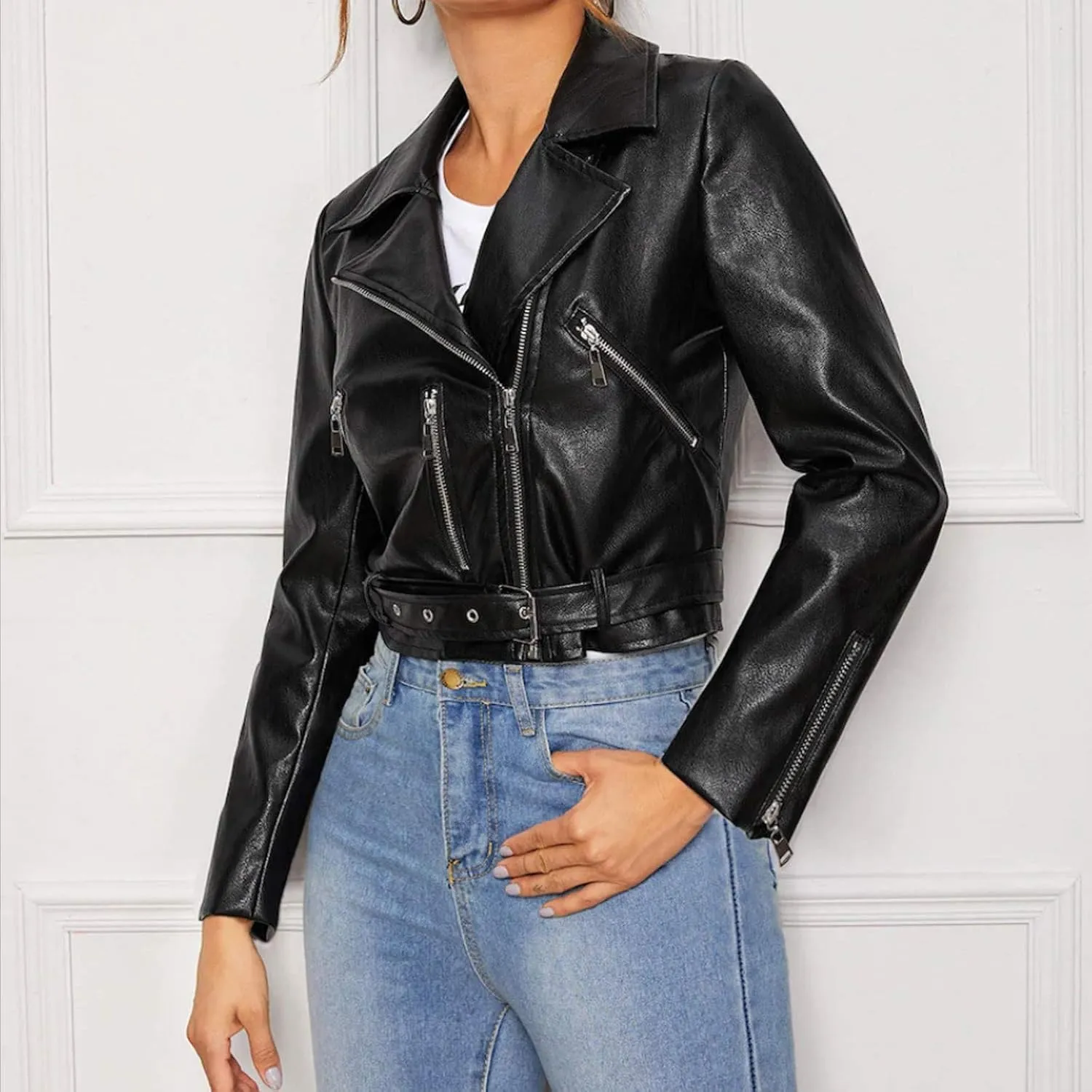Women Faux Leather Jacket Ladies Classic PU Moto Biker Short Slim Fit Coat Turndown Collar Zip Up Coats Jackets