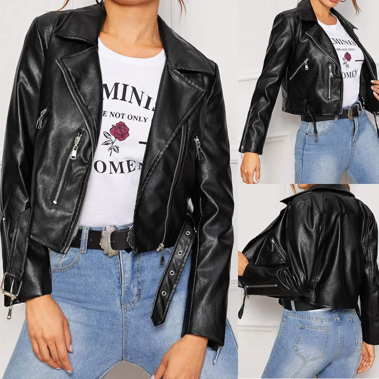 Women Faux Leather Jacket Ladies Classic PU Moto Biker Short Slim Fit Coat Turndown Collar Zip Up Coats Jackets