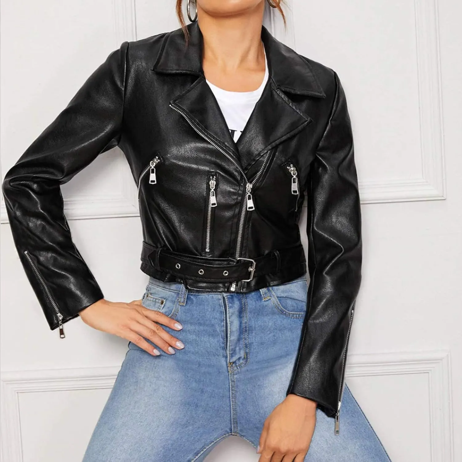 Women Faux Leather Jacket Ladies Classic PU Moto Biker Short Slim Fit Coat Turndown Collar Zip Up Coats Jackets