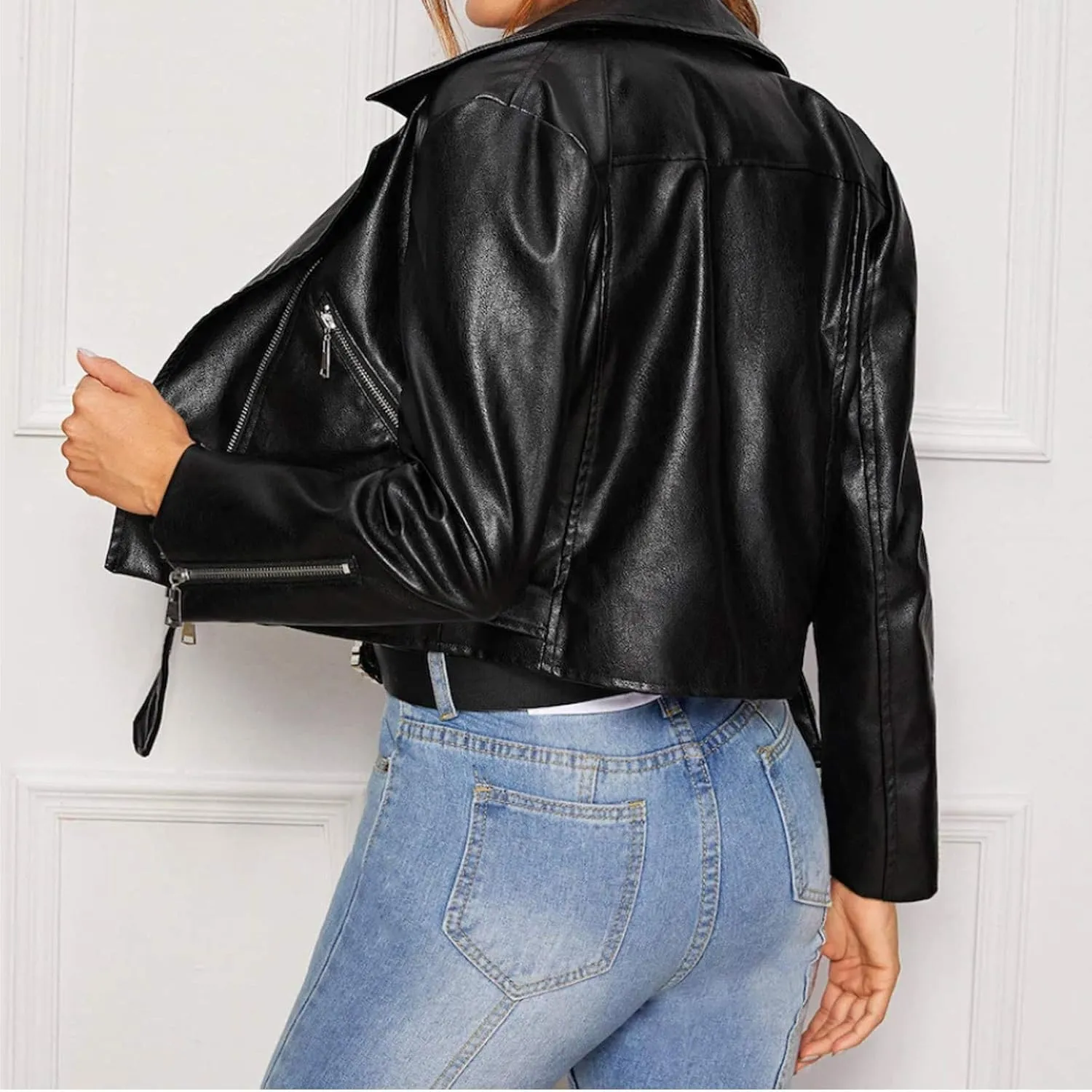 Women Faux Leather Jacket Ladies Classic PU Moto Biker Short Slim Fit Coat Turndown Collar Zip Up Coats Jackets