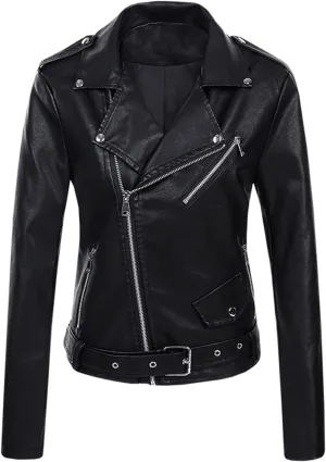 Women Faux Leather Jackets Slim Fit Zip Up Pleather Short Blazer Coats with Belted Lapel Cropped Suit Motor Jacket