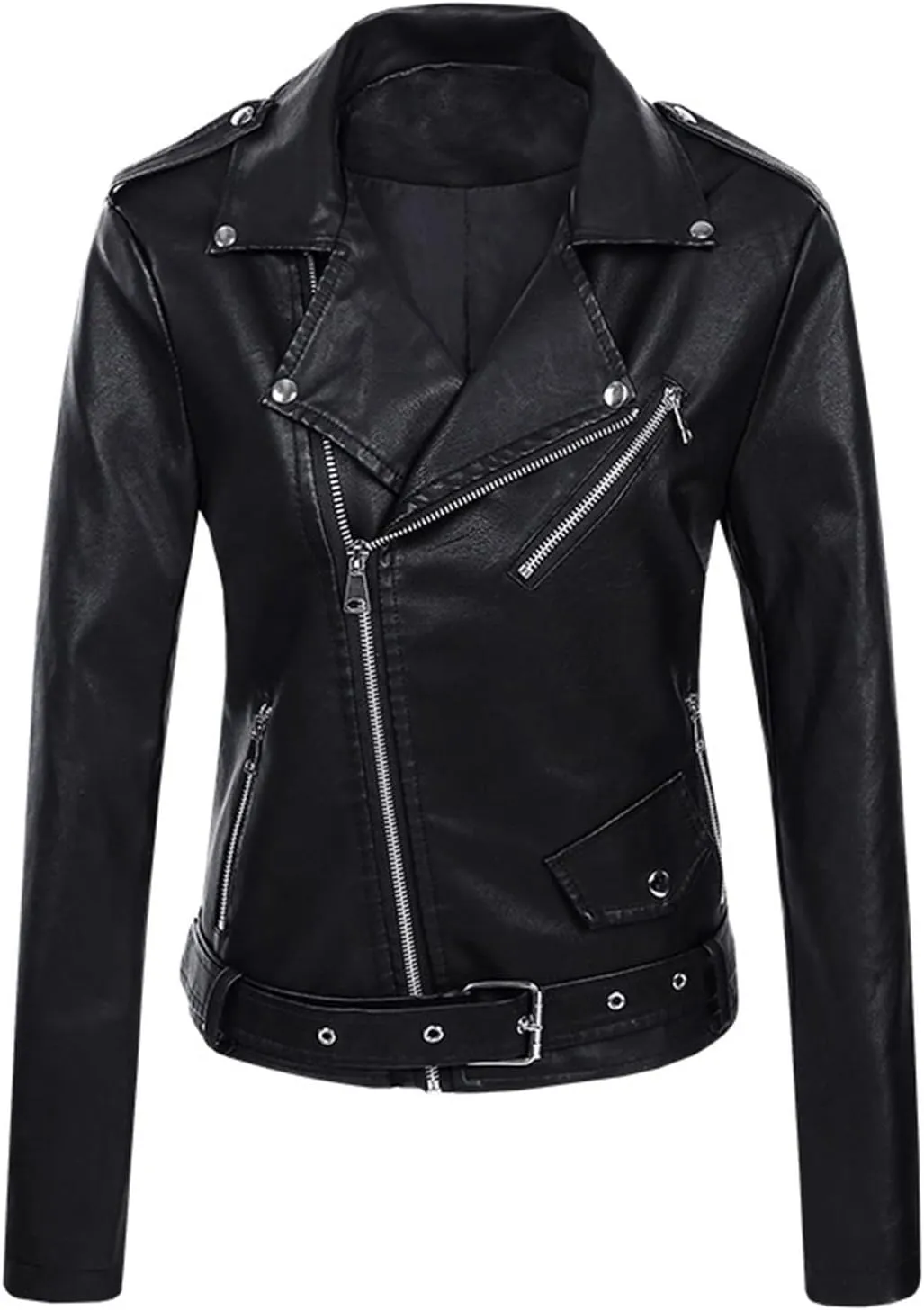 Women Faux Leather Jackets Slim Fit Zip Up Pleather Short Blazer Coats with Belted Lapel Cropped Suit Motor Jacket