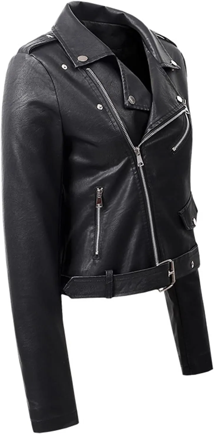 Women Faux Leather Jackets Slim Fit Zip Up Pleather Short Blazer Coats with Belted Lapel Cropped Suit Motor Jacket