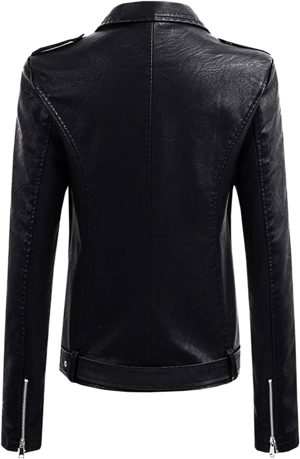 Women Faux Leather Jackets Slim Fit Zip Up Pleather Short Blazer Coats with Belted Lapel Cropped Suit Motor Jacket