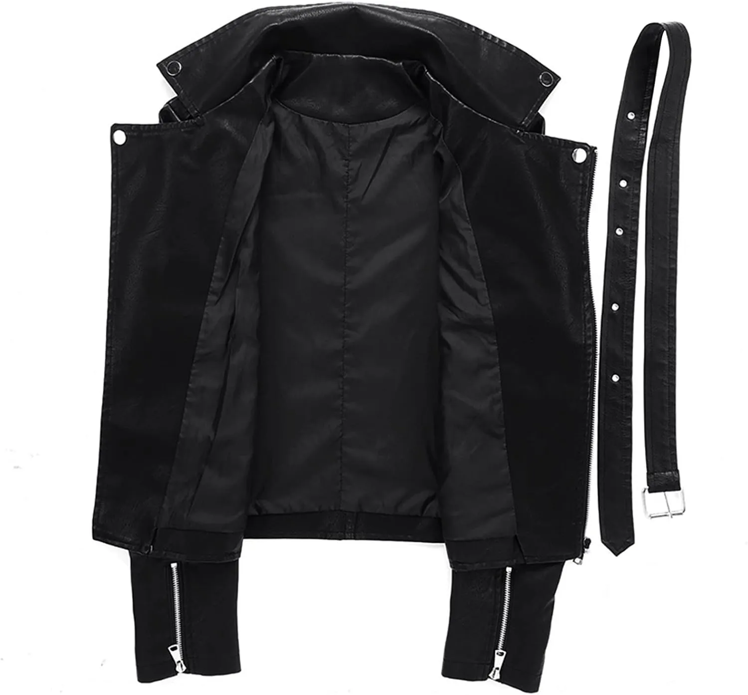 Women Faux Leather Jackets Slim Fit Zip Up Pleather Short Blazer Coats with Belted Lapel Cropped Suit Motor Jacket