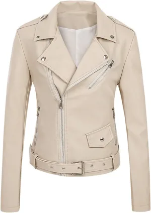 Women Faux Leather Jackets Slim Fit Zip Up Pleather Short Blazer Coats with Belted Lapel Cropped Suit Motor Jacket