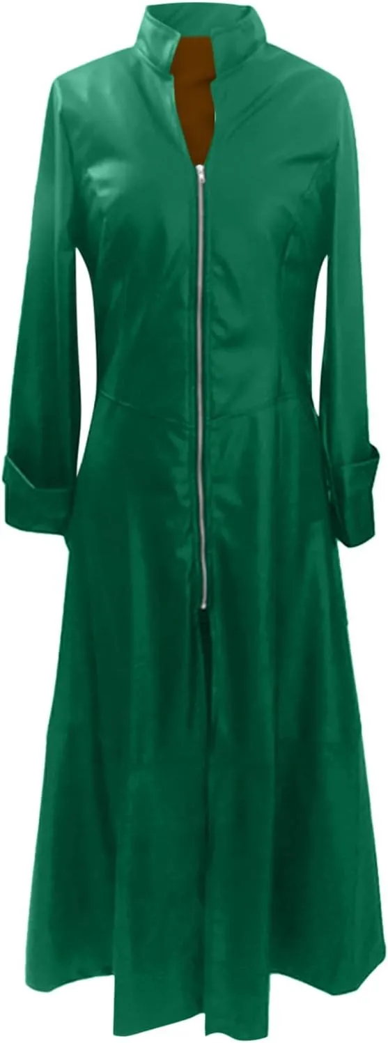 Women Faux Leather Motor Jackets Long Stand Collar Zipper Punk Pleather Dress Coats Windproof Slim Waist Trench Coats