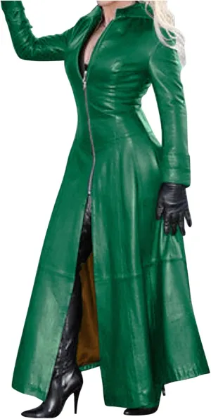Women Faux Leather Motor Jackets Long Stand Collar Zipper Punk Pleather Dress Coats Windproof Slim Waist Trench Coats