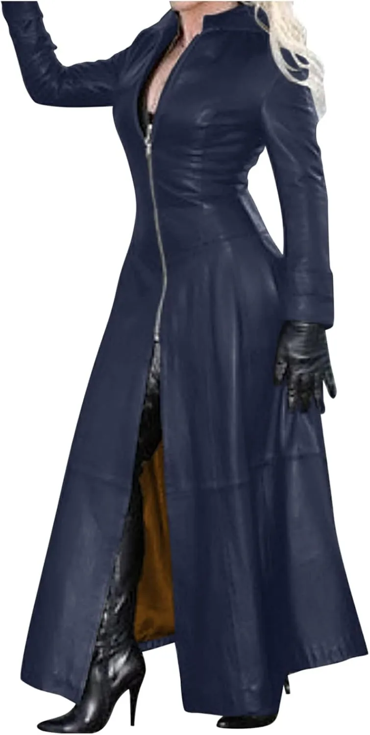 Women Faux Leather Motor Jackets Long Stand Collar Zipper Punk Pleather Dress Coats Windproof Slim Waist Trench Coats