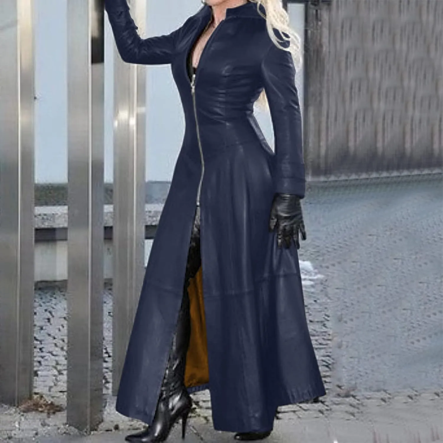 Women Faux Leather Motor Jackets Long Stand Collar Zipper Punk Pleather Dress Coats Windproof Slim Waist Trench Coats