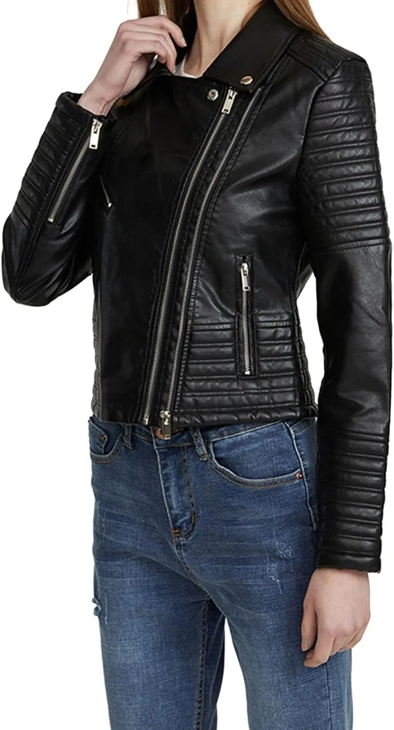 Women Leather Jacket Stand-Up Collar Zipper Stitching Solid Color Jacket Faux Leather Jacket Women Faux Leather