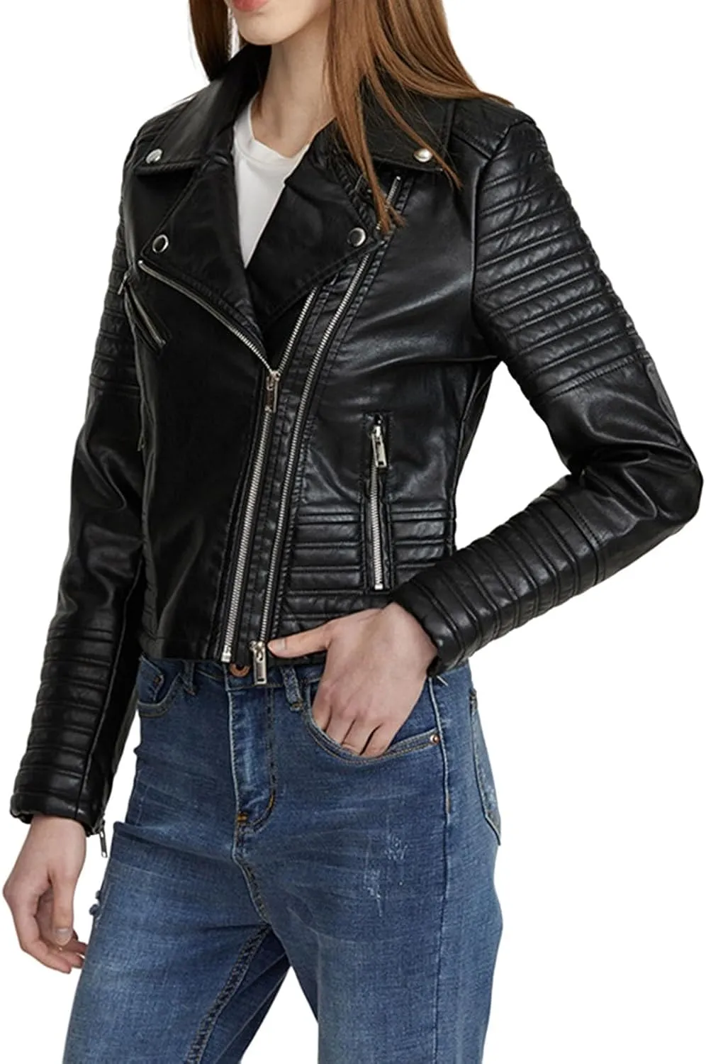 Women Leather Jacket Stand-Up Collar Zipper Stitching Solid Color Jacket Faux Leather Jacket Women Faux Leather